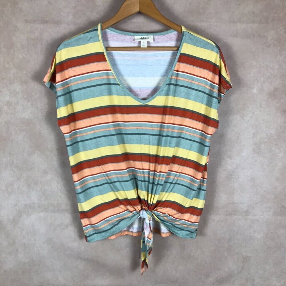 Style & Co. Soft Pastel Striped Knot Front T-Shirt Size Small